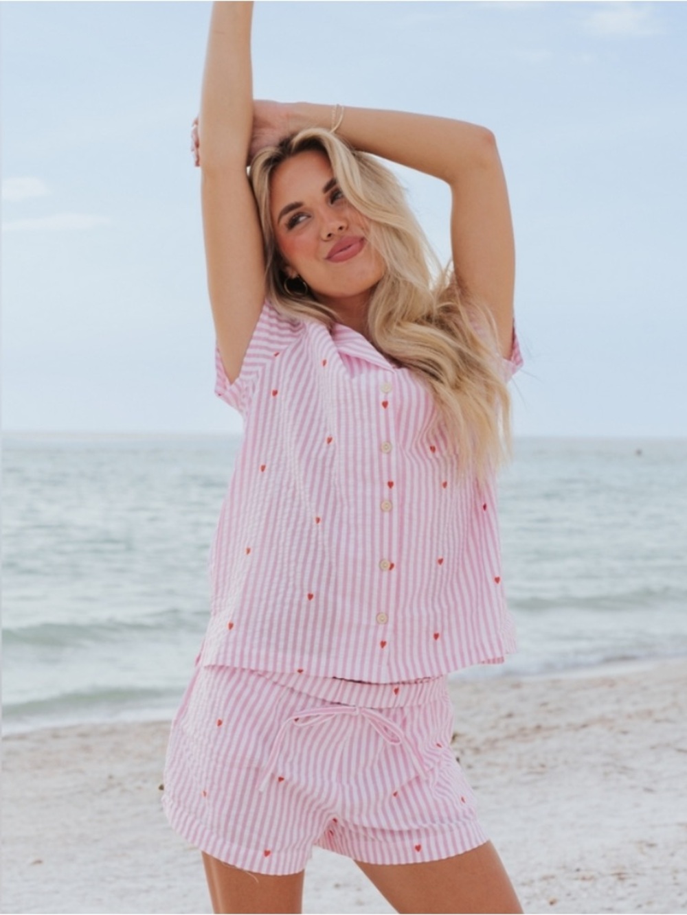 STARFIT Short Pajama Set Seersucker Pink White Stripe Heart Pajamas